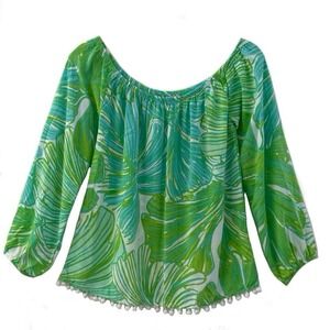Lilly Pulitzer Enna Off Shoulder Resort Tropical Blouse Pom Pom Hem Womens XS
